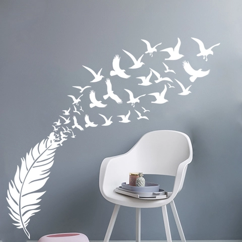 Pegatina de Pared Silueta Pluma Pájaros Creativa Moderna PVC Vinilo Calcomanía para Sala de Estar Dormitorio Decoración Arte