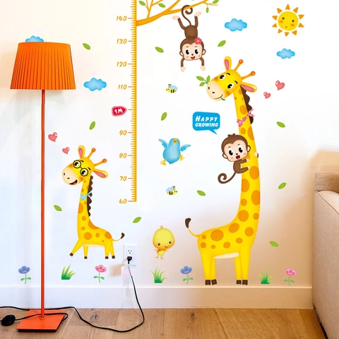 Cartoon Animal Height Chart Wall Sticker For Kids Room Giraffe Monkey Growth Measurement PVC Decorative Home Decal