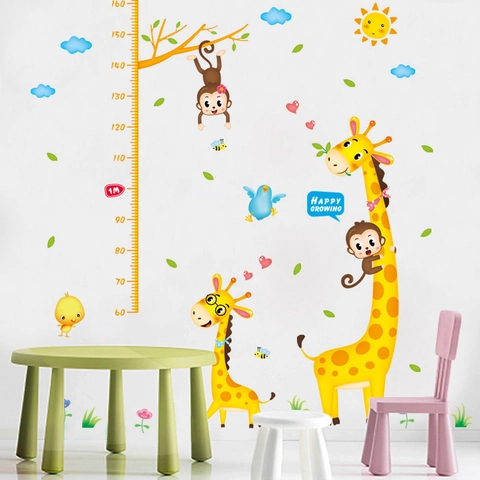 Cartoon Animal Height Chart Wall Sticker For Kids Room Giraffe Monkey Growth Measurement PVC Decorative Home Decal