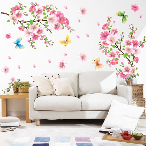 Pegatina de Pared Romántica Rama de Flor de Durazno Rosa Mariposa PVC Removible para Sala de Estar Dormitorio Decoración