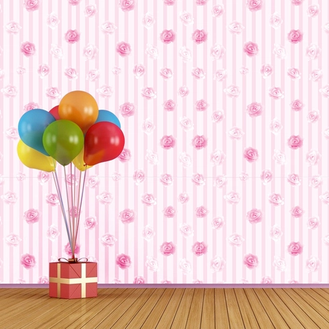 Adesivo da Parete Autoadesivo in PVC con Motivo Floreale di Rose Rosa e Strisce Verticali per Soggiorno Camera da Letto Decorazione