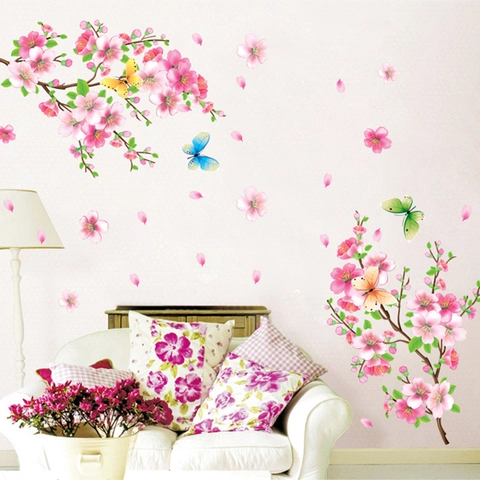 Pegatina de Pared Romántica Rama de Flor de Durazno Rosa Mariposa PVC Removible para Sala de Estar Dormitorio Decoración