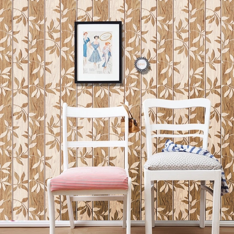 Adesivo da Parete Autoadesivo con Venature del Legno e Foglie Retro Carta da Parati Impermeabile in PVC per Soggiorno