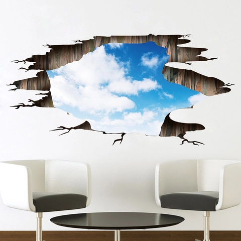 3D Blauwe Lucht Witte Wolken Muursticker PVC Verwijderbaar Zelfklevend Vloersticker DIY Gebroken Muureffect Huis Decoratie