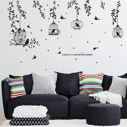 Black Silhouette Birdcage Bird Leaf Wall Sticker PVC Removable Art Quote Mural For Living Room Bedroom DIY Home Decor