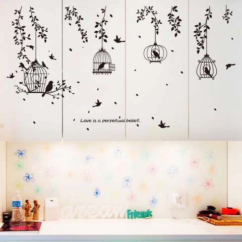 Black Silhouette Birdcage Bird Leaf Wall Sticker PVC Removable Art Quote Mural For Living Room Bedroom DIY Home Decor