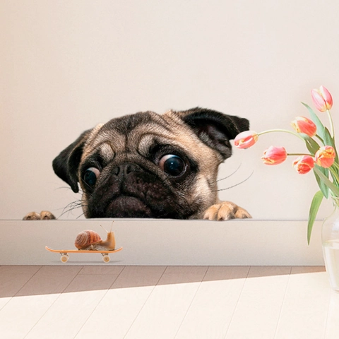 3D Realistic Pug Dog Peeking Snail Skateboard Toilet Decal Creative Removable PVC Wall Sticker For Bathroom Car Laptop Decor