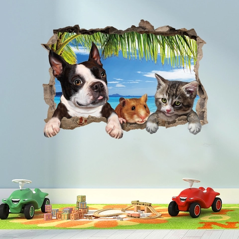 3D Broken Wall Tier Wandaufkleber Tropischer Strand Katze Hund Hamster PVC Abnehmbar Dekoratives Wandbild Für Wohnzimmer