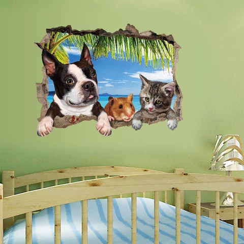 3D Broken Wall Tier Wandaufkleber Tropischer Strand Katze Hund Hamster PVC Abnehmbar Dekoratives Wandbild Für Wohnzimmer
