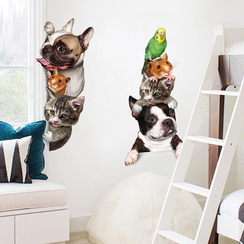 3D Realistische Dieren Muurstickers Creatieve Hond Kat Papegaai Patroon Verwijderbare PVC Stickers Voor Kinderkamer Home Decor