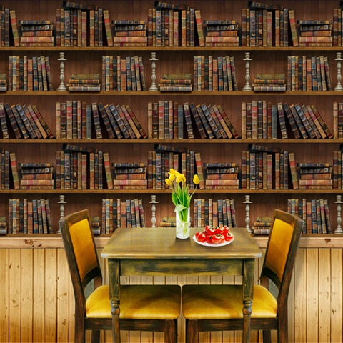 Retro 3D Bücherregal Muster Wandaufkleber PVC Selbstklebend Vintage Bibliothek Stil Tapete Für Wohnzimmer Arbeitszimmer Deko