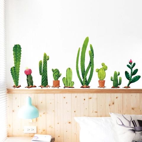 Watercolor Cactus Wall Sticker Removable PVC Green Potted Plant Decal For Living Room Bedroom TV Background Home Decor
