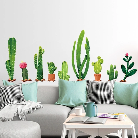 Watercolor Cactus Wall Sticker Removable PVC Green Potted Plant Decal For Living Room Bedroom TV Background Home Decor