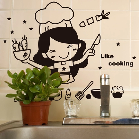 Cute Cartoon Chef Girl Kitchen Wall Sticker Like Cooking Removable PVC Decal For Dining Room Restaurant Fridge Decoration