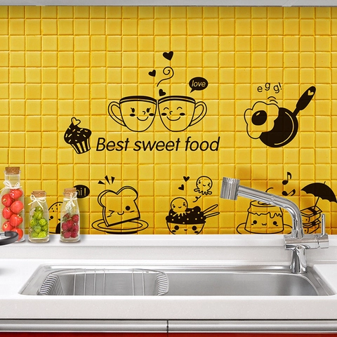 Cartoon Food Removable Wall Stickers PVC Kitchen Decor Coffee Cup Toast Pattern DIY Refrigerator Dining Room Wall Decal