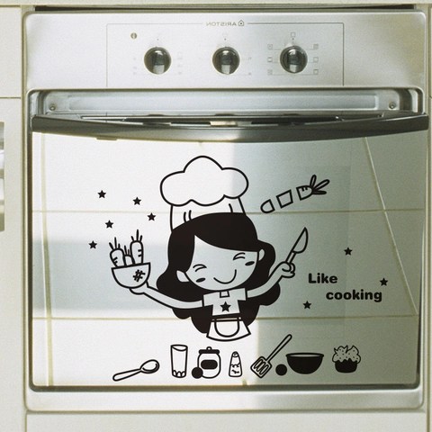 Cute Cartoon Chef Girl Kitchen Wall Sticker Like Cooking Removable PVC Decal For Dining Room Restaurant Fridge Decoration