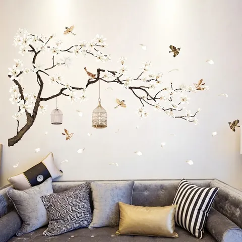 Sticker Mural Style Chinois Branche de Magnolia et Cage à Oiseaux PVC Amovible Décoration Maison Salon Chambre Peinture Murale