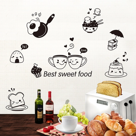 Cartoon Food Removable Wall Stickers PVC Kitchen Decor Coffee Cup Toast Pattern DIY Refrigerator Dining Room Wall Decal