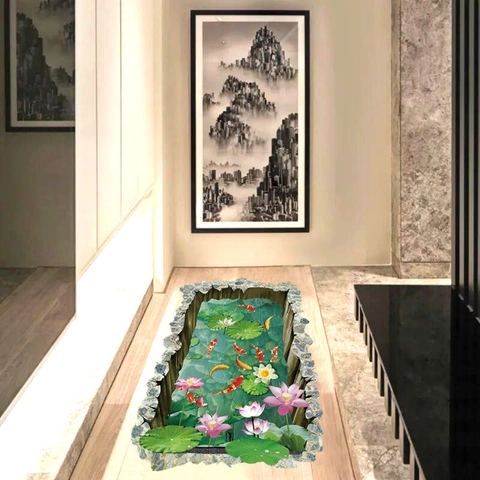 3D Stereoscopische Koi Vis Vijver PVC Vloersticker Zelfklevend Waterdicht Lotus Bloem Muursticker Voor Woonkamer Decoratie