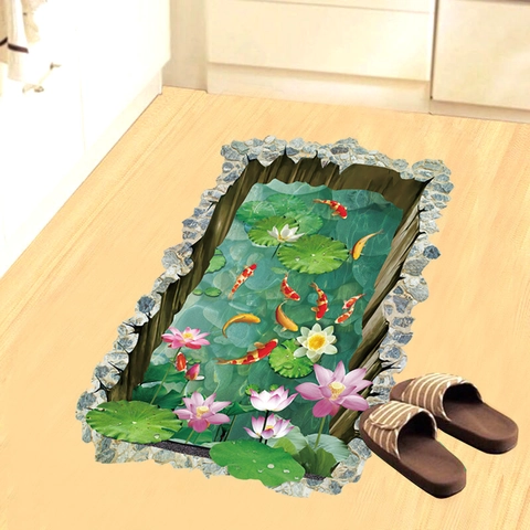 3D Stereoscopische Koi Vis Vijver PVC Vloersticker Zelfklevend Waterdicht Lotus Bloem Muursticker Voor Woonkamer Decoratie