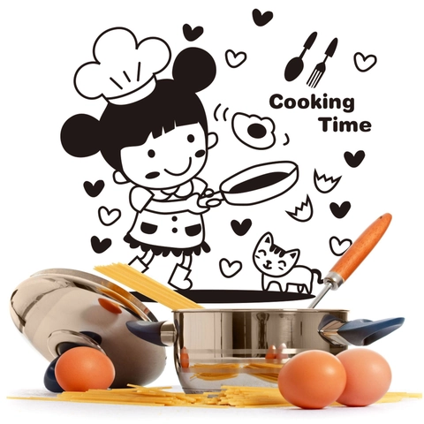 Cartoon Chef Girl Cat Cooking Time Kitchen Wall Sticker PVC Self Adhesive Decal For Dining Room Restaurant Cabinets Decor