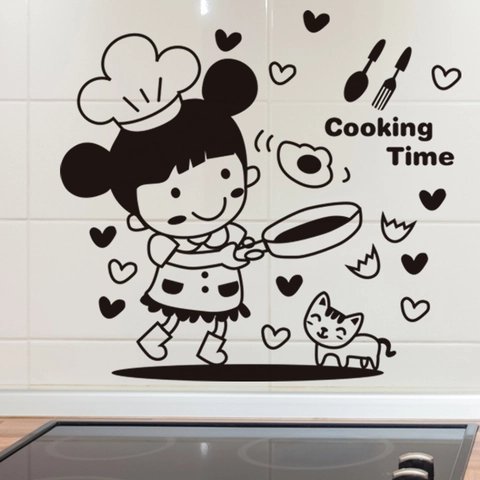 Cartoon Chef Girl Cat Cooking Time Kitchen Wall Sticker PVC Self Adhesive Decal For Dining Room Restaurant Cabinets Decor