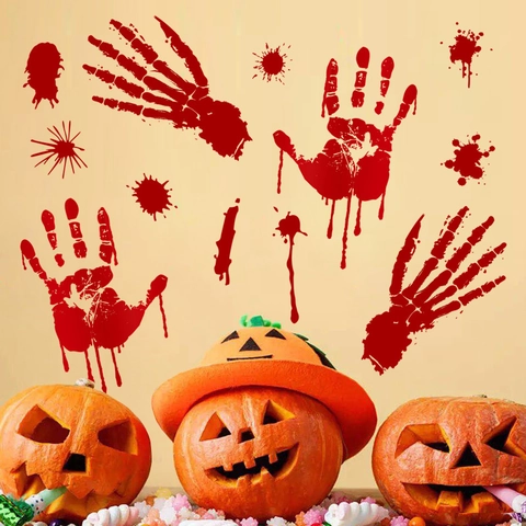 Adesivo Murale Scheletro Impronta di Mano di Sangue di Halloween Decalcomanie per Finestre Horror in PVC per Feste Soggiorno Bar Decorazione