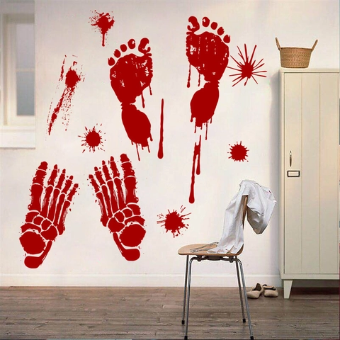 Halloween Blutiger Handabdruck Fußabdruck Wandaufkleber PVC Gruseliger Roter Blutspritzer Aufkleber Für Party Fenster Boden