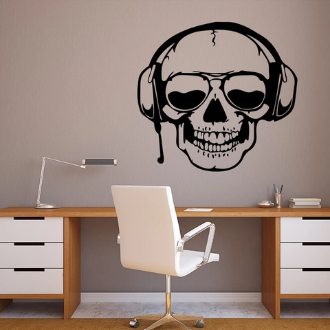 Cool Skull With Headphones And Sunglasses Wall Sticker Rock Music PVC Decal For Halloween Living Room Home Window Decoration
