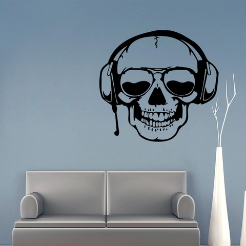 Cool Skull With Headphones And Sunglasses Wall Sticker Rock Music PVC Decal For Halloween Living Room Home Window Decoration