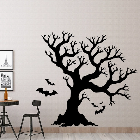Halloween Fledermaus Knorriger Baum Wandtattoo PVC Abnehmbare Silhouette Aufkleber Für Wohnzimmer Schaufenster Dekoration Gothic Party Dekor