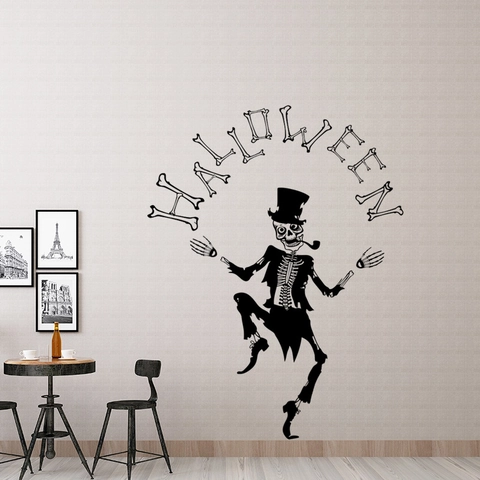 Halloween Skelett Magier Wandsticker Schwarz PVC Tanzendes Skelett Mit Zylinder Pfeife Für Zuhause Party Fenster Deko