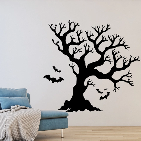 Halloween Fledermaus Knorriger Baum Wandtattoo PVC Abnehmbare Silhouette Aufkleber Für Wohnzimmer Schaufenster Dekoration Gothic Party Dekor