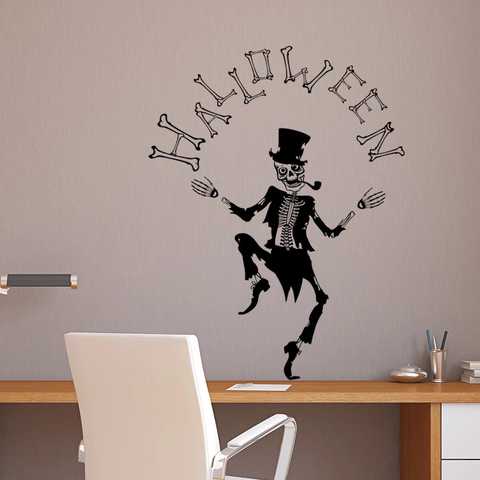 Halloween Skelett Magier Wandsticker Schwarz PVC Tanzendes Skelett Mit Zylinder Pfeife Für Zuhause Party Fenster Deko