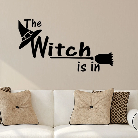 Halloween The Witch Is In Wall Sticker PVC Removable Decal With Witch Hat Broom Patterns For Home Living Room Decoration