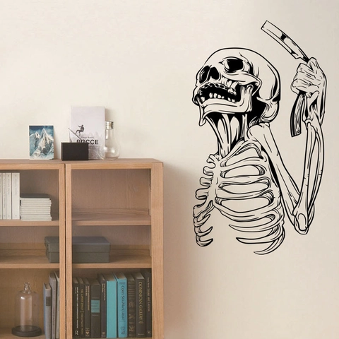 Adesivo da Parete Scheletro con Rasoio Halloween Gotico Barbiere Decoro PVC Fai da Te Decalcomania Finestra Nero