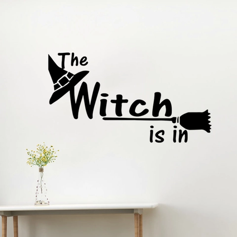 Halloween The Witch Is In Wall Sticker PVC Removable Decal With Witch Hat Broom Patterns For Home Living Room Decoration