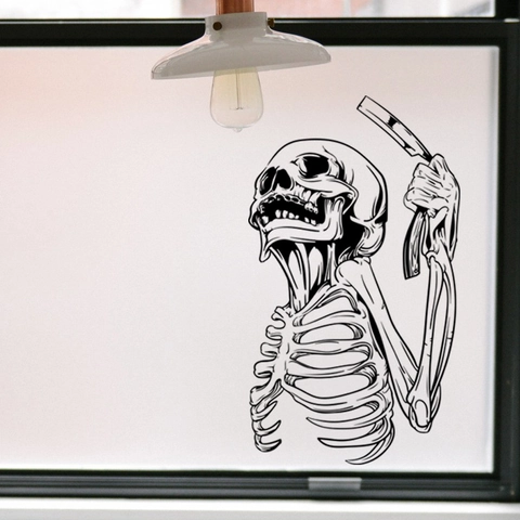 Adesivo da Parete Scheletro con Rasoio Halloween Gotico Barbiere Decoro PVC Fai da Te Decalcomania Finestra Nero