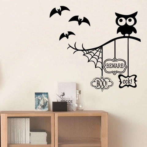 Halloween Owl Bat Spider Web Wall Sticker PVC Removable Decal For Shop Window Home Party Holiday Decoration
