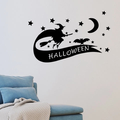 Halloween Wall Sticker Black PVC Witch On Broom Bats Moon Stars Silhouette Window Decal For Home Party Decoration
