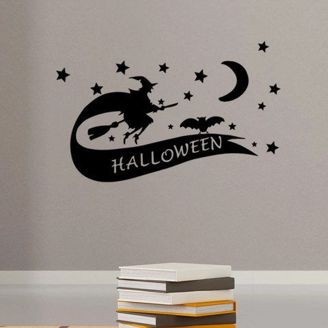 Halloween Wall Sticker Black PVC Witch On Broom Bats Moon Stars Silhouette Window Decal For Home Party Decoration