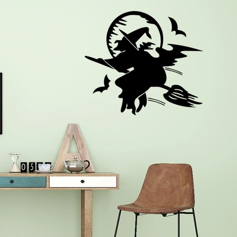 Halloween Hexe Silhouette Wandaufkleber PVC Abnehmbar Mond Fledermäuse Wandtattoo Für Zuhause Schlafzimmer Wohnzimmer Party Dekoration