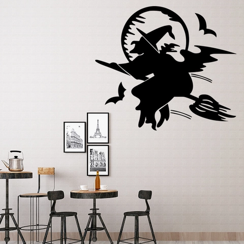 Halloween Hexe Silhouette Wandaufkleber PVC Abnehmbar Mond Fledermäuse Wandtattoo Für Zuhause Schlafzimmer Wohnzimmer Party Dekoration
