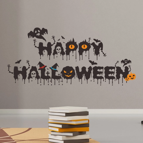 Sticker Mural Halloween en PVC Happy Halloween Lettres Dégoulinantes Avec Fantôme Chauve-souris Citrouille Déco pour Maison Fête