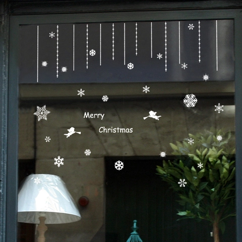 Pegatinas de Ventana de Navidad con Copos de Nieve Blancos de PVC Estático Ángel Merry Christmas para Vidrio Tienda Hogar