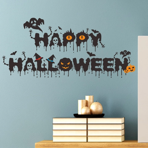 Sticker Mural Halloween en PVC Happy Halloween Lettres Dégoulinantes Avec Fantôme Chauve-souris Citrouille Déco pour Maison Fête