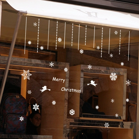 Pegatinas de Ventana de Navidad con Copos de Nieve Blancos de PVC Estático Ángel Merry Christmas para Vidrio Tienda Hogar