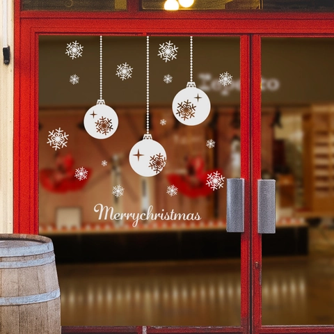 Kerst Raamstickers Wit PVC Sneeuwvlok Hangende Ballen Merry Christmas Letters Stickers Voor Feestdag Winkel Glas Decoratie