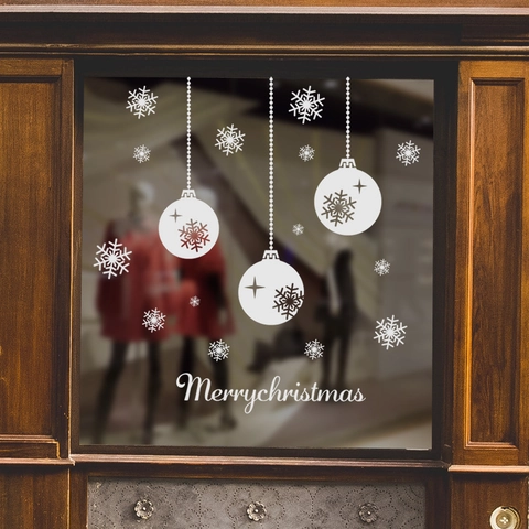 Kerst Raamstickers Wit PVC Sneeuwvlok Hangende Ballen Merry Christmas Letters Stickers Voor Feestdag Winkel Glas Decoratie