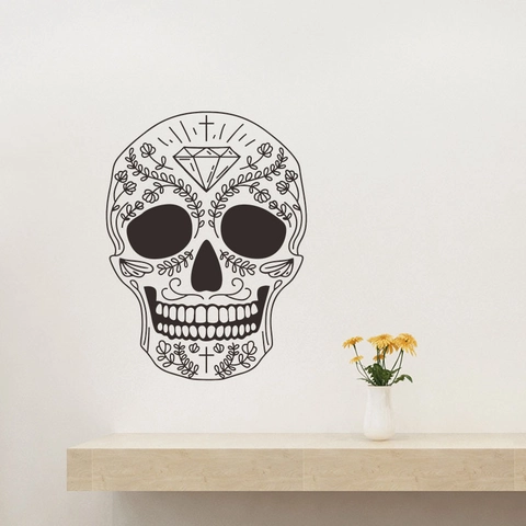 Adesivo da Parete Teschio di Zucchero Giorno dei Morti Messicano PVC Removibile Decalcomania Decorativa Teschio Floreale Nero